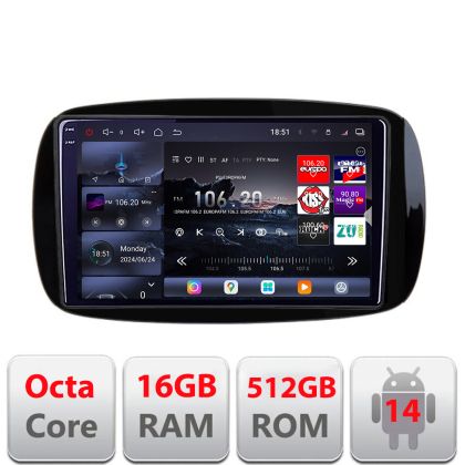 Navigatie Smart For Two 2015- Edotec Kit-Smart15 8 core QLED 2K 12+256GB 360 Android Waze USB Navigatie Internet Youtube Radio