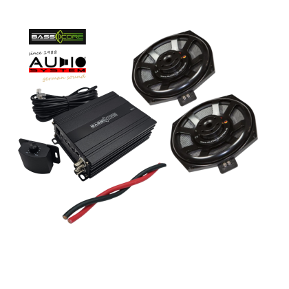 Pachet 2 subwoofere Audio System dedicate pentru BMW E/F/G, cu amplificator 1 canale de la BassCore si cablu de alimentare de 5 metri.