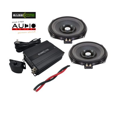Pachet 2 subwoofere Audio System dedicate pentru BMW E/F/G, cu amplificator 1 canale de la BassCore si cablu de alimentare de 5 metri.