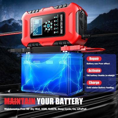 Redresor pentru Baterii 12V 10A / 24V 5A - Încărcător Baterii cu Funcție de Reparare și Protecție AI, Ecran LED, Senzor Temperatură și Încărcare în 7 Etape, Răcire activă, Funcție de Desulfatare și Siguranță Multiplă