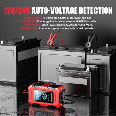 Redresor pentru Baterii 12V 10A / 24V 5A - Încărcător Baterii cu Funcție de Reparare și Protecție AI, Ecran LED, Senzor Temperatură și Încărcare în 7 Etape, Răcire activă, Funcție de Desulfatare și Siguranță Multiplă