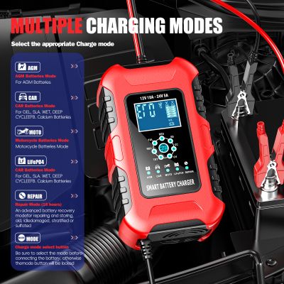 Redresor pentru Baterii 12V 10A / 24V 5A - Încărcător Baterii cu Funcție de Reparare și Protecție AI, Ecran LED, Senzor Temperatură și Încărcare în 7 Etape, Răcire activă, Funcție de Desulfatare și Siguranță Multiplă