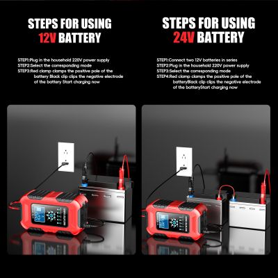 Redresor pentru Baterii 12V 10A / 24V 5A - Încărcător Baterii cu Funcție de Reparare și Protecție AI, Ecran LED, Senzor Temperatură și Încărcare în 7 Etape, Răcire activă, Funcție de Desulfatare și Siguranță Multiplă